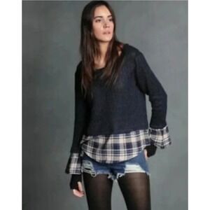 Maude Vivante Plaid Layered Top Ruffle Bell Sleeve Knit Black White Sweater M